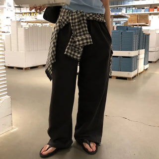Open Women's Elastic Waist Loose Fit Wide Cotton Long Side Cut Cotton Pants