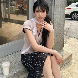 Polyester Button V-Neck Short Sleeve Knit