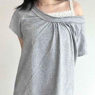 Shirred Off-Shoulder Loose Fit Daily Short-Sleeve T-Shirt