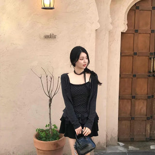 Dot Frill Ribbon Layered Long Sleeve Two-Piece Set