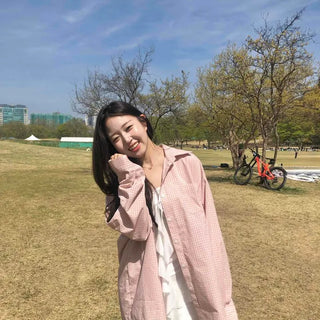 Button-down Oversized Check Long Sleeve Shirt