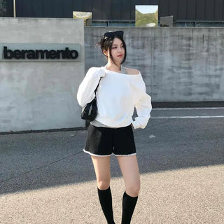 Relaxed Fit Contrast Drawstring Straight Daily Shorts