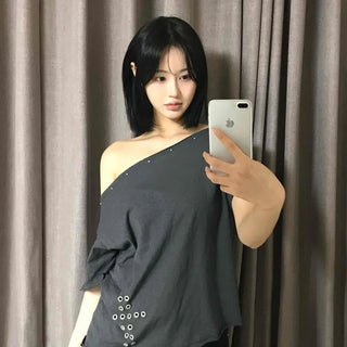 Oversized Plain Eyelet Off-Shoulder Short-Sleeve T-Shirt