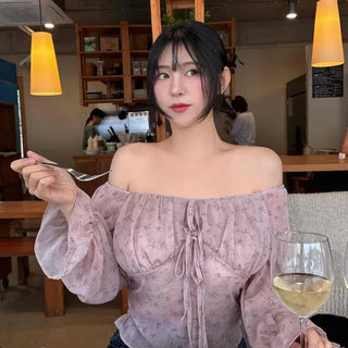 Shirred Frill Ribbon Flower Long Sleeve Blouse