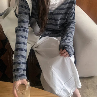 Loose Button Layered Boat Neck Striped Summer Long Sleeve T-Shirt