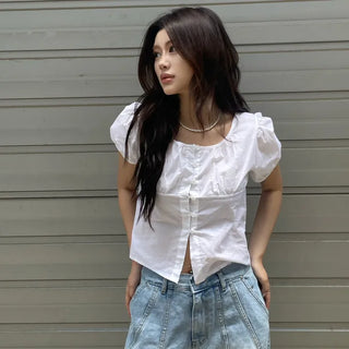Mock Puff Shirred Short Sleeve Blouse