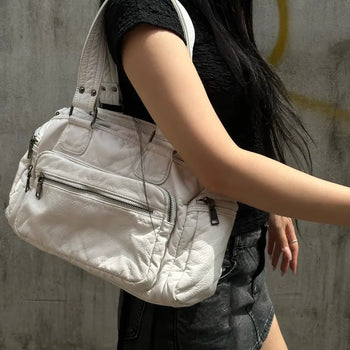 White multi-leather pocket shoulder crossbody bag