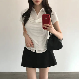 Rainy Shirt Layered Drape Short Sleeve Blouse