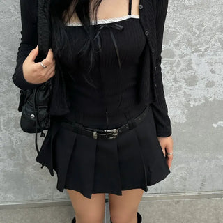 Pia Ribbed Lace Ribbon Sleeveless Cardigan Set