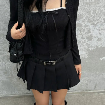 Pia Ribbed Lace Ribbon Sleeveless Cardigan Set