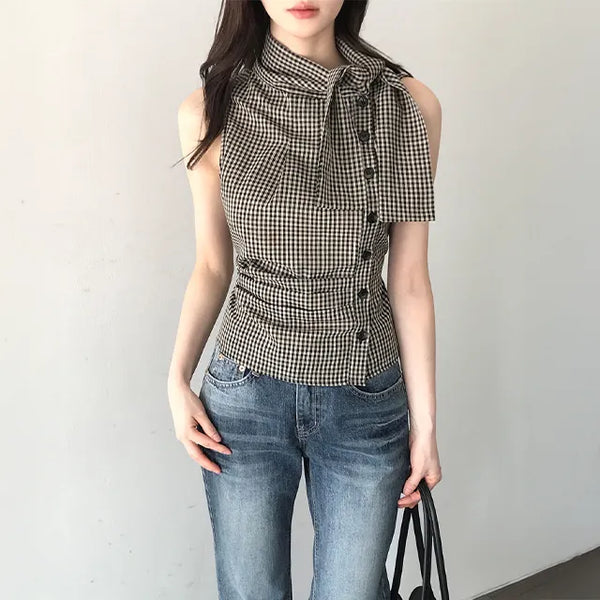 Privé Scarf Check Shirred Sleeveless Blouse