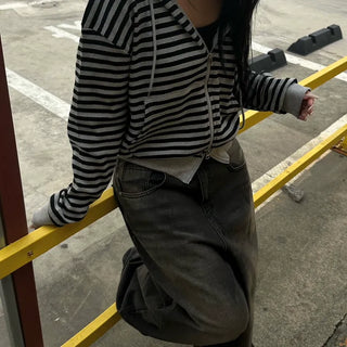 Yuki Croffle Striped Two-Way Zip-Up Hoodie