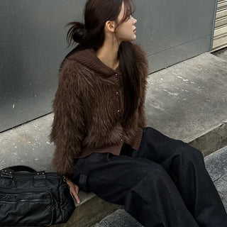 Chopper Fur Knit Silver Pearl Button Cardigan