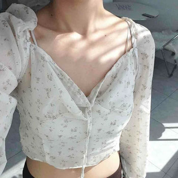Loose-fit Flower Shirred String Frill Long Sleeve Blouse