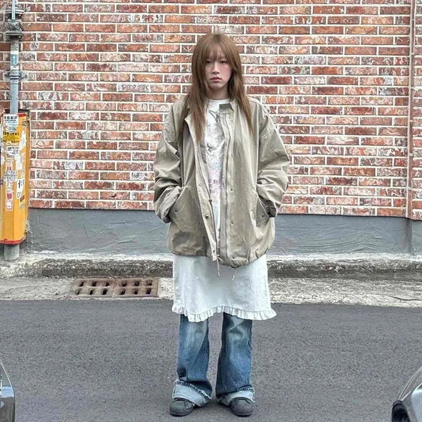 Plain Oversized Long Sleeve Field Jacket with Zipper Drawstring