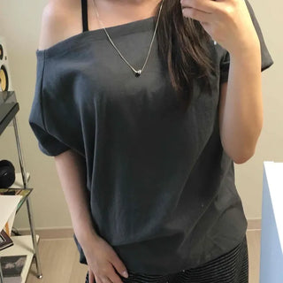 Off-shoulder Plain Loose Fit Short Sleeve T-shirt