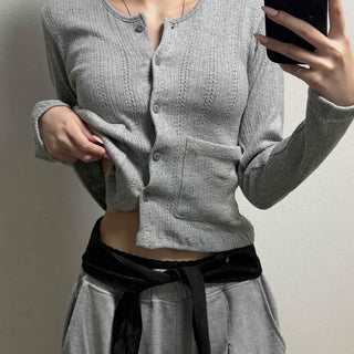 Slim Fit Button-Down Double Pocket Perforated Plain Long Sleeve Cardigan