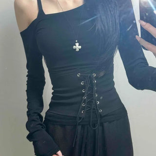 Off-shoulder Racing Slim Fit Plain Long Sleeve Daily T-shirt