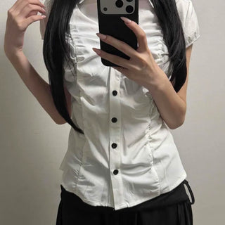 Frill Button-Down Slim Fit Plain Short Sleeve Blouse