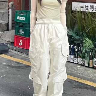 Loose Fit Cargo Pocket Drawstring Zipper Wide Long Pants