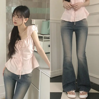 Gorgeous Color, Low-Rise Vintage Washed Yellow Bootcut Denim Pants with Built-in Hip Pads