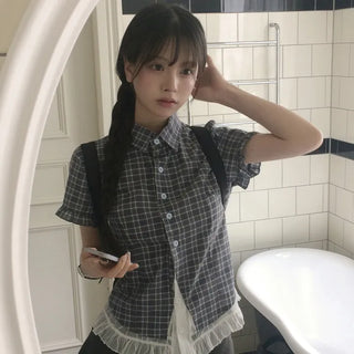 Vintage Mood, Integrated Frill Layered Check Short Sleeve Shirt