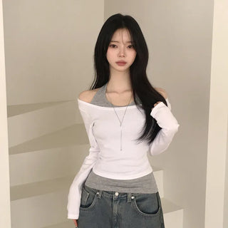 Deep U-neck Off-shoulder Plain Crop Long Sleeve T-shirt
