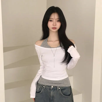 Deep U-neck Off-shoulder Plain Crop Long Sleeve T-shirt