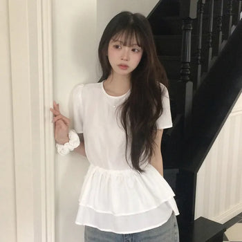 Full of Pretty, Pure Round Neck Side Strap Shirred Flare Short Sleeve Blouse