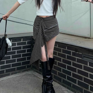 Check Zipper Wrap Strap Daily Mini Skirt