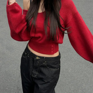 Lua Button Two-Way Raglan V-Neck Knit