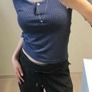 Contrast Polka Dot Henley Neck Button Slim Fit Short Sleeve T-shirt