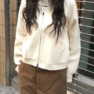 Rabbit Buckle Neck Pocket Knit Two-Way Zip-Up