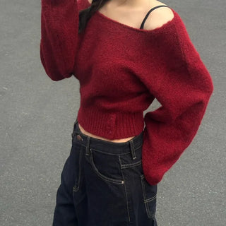 Woolua Button Two-way Semi-Crop Lip Neck Knit