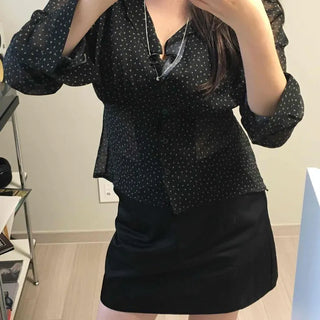Button String Dot See-through Loose Fit Long Sleeve Blouse
