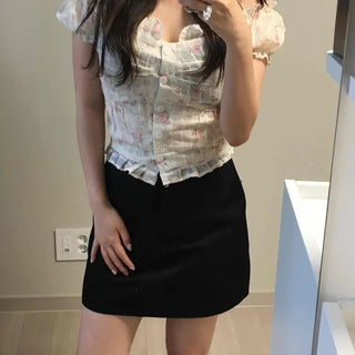 Frill Shirred Flower Off-Shoulder Fitted Blouse