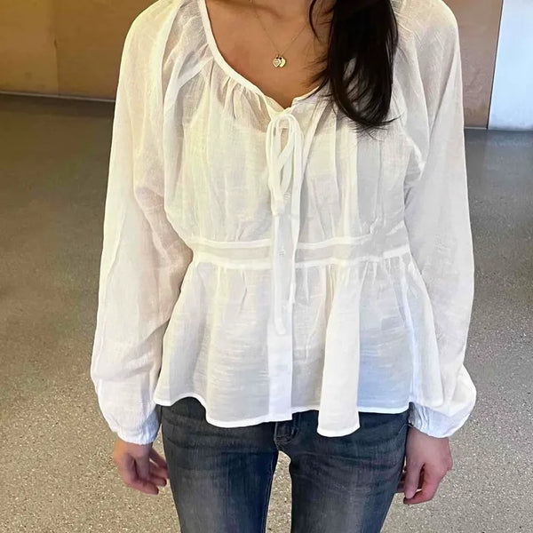 Shirred Ribbon Button A-Line Long Sleeve Blouse