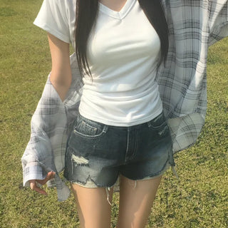 Lua V-Neck Cap Sleeve Shirred Short Sleeve T-Shirt