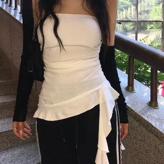 Butt Asymmetrical Frill Layered Shirring Banding Tube Top