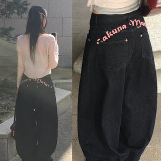 Rosy Pink Lettering Raw Denim Fade Wide Pants