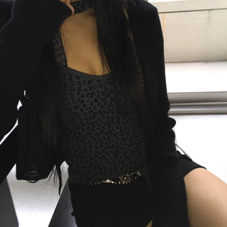 Robin Leopard See-through Top Scarf Set