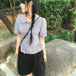 Kiki Check Frill Puff Short Sleeve Blouse