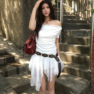 Cut-out Lace Asymmetrical Frill Layered Skirt