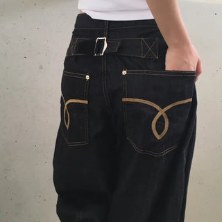 Coz Raw Denim Bag Embroidery Wide Pants