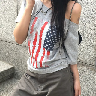 Rough Off-Shoulder American Flag Print Tee