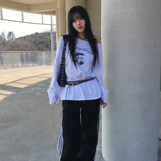 Number Lettering Off-Shoulder Loose Long Sleeve T-shirt