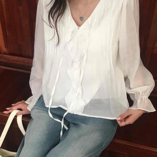 Loose-fit Plain Frill Pintuck Button Long Sleeve Blouse