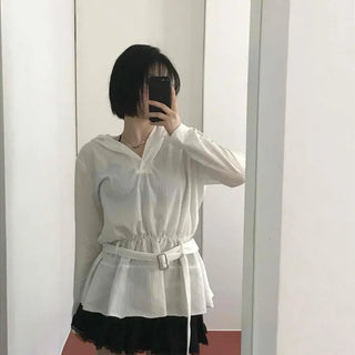 Shirred Buckle Plain Long Sleeve Mini Dress