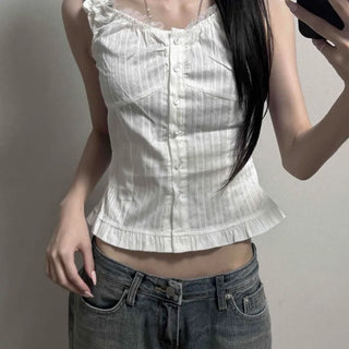 Frill Button Shirred Fitted Striped Sleeveless