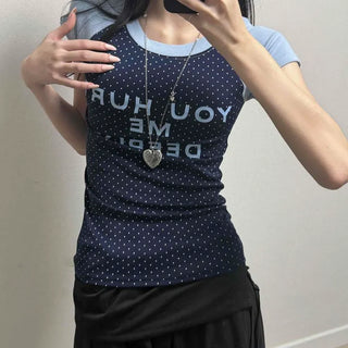 Color Block Dot Lettering Slim Fit Daily Short Sleeve T-shirt